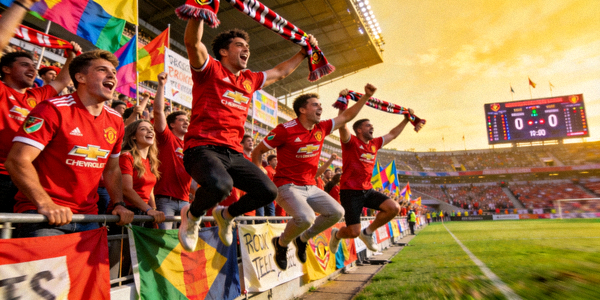 一群穿着主队球衣的球迷在看台上热烈庆祝